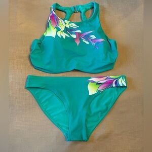 Athleta Teal Two-Piece Swim Bikini with Floral Accent